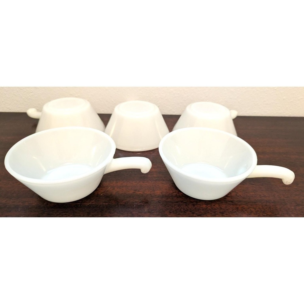 Anchor Hocking Fire King White Milk Glass Soup Chili Bowls with Handle Set of 5